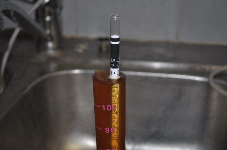 Hydrometer floating in a cylinder filled with amber liquid, with a stainless steel sink in the background.