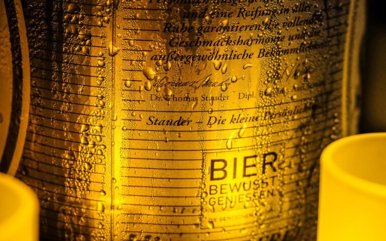 Close-up of a condensation-covered beer bottle with German text illuminated in golden light, next to a blurred cup.