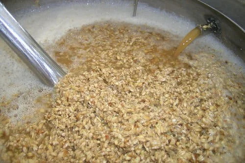 Grains being mashed in a metal brewing kettle during the beer-making process.