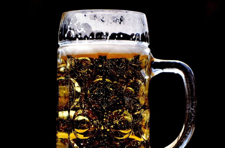 A close-up of a partially full beer mug with a frothy head and bubbles visible inside the golden liquid, set against a dark background.