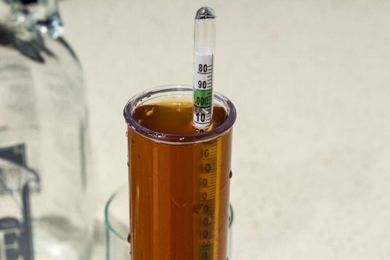 A hydrometer floats in a cylindrical container filled with amber liquid, possibly beer or wort, with reading scales visible on the instrument. A blurred glass bottle is partially visible in the background.