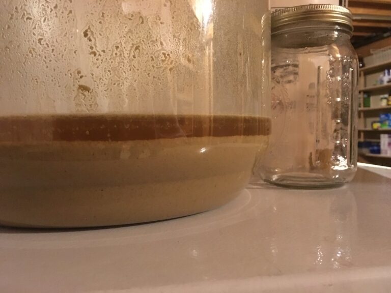 A close-up image showing two glass jars on a white surface, one large jar with visible layers of a brown sediment and a thicker beige substance on top and a smaller empty mason jar with a metal lid to the right. Droplets of condensation are visible on the inside surfaces of both jars.