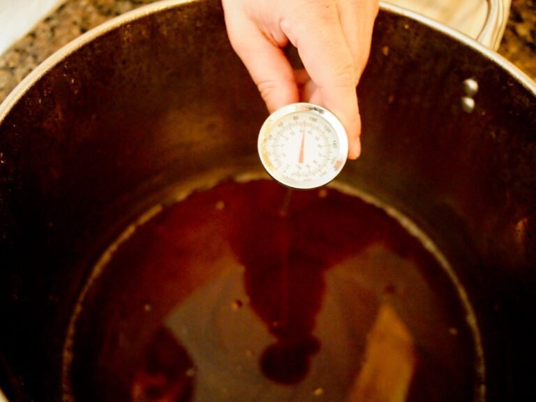 A hand holding a thermometer above a dark liquid in a cooking pot to measure its temperature.