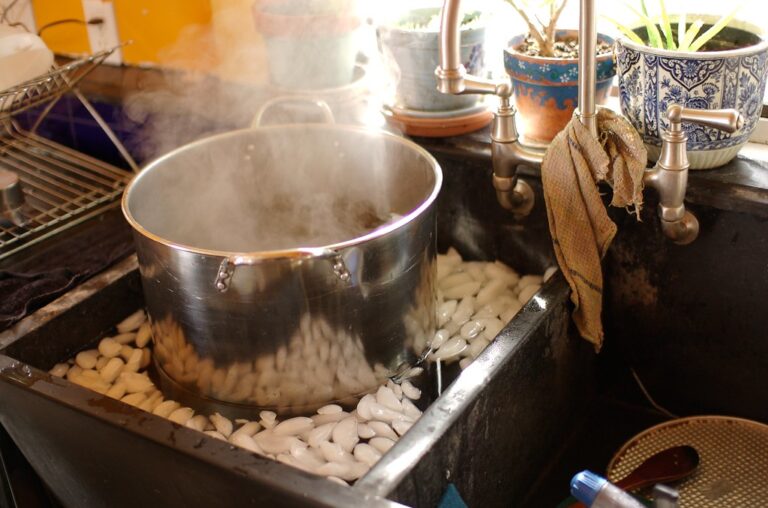 A large pot with steam rising from it sits on a stovetop next to a sink filled with water and floating, peeled vegetables. A striped dish towel hangs on the sink's faucet, and various cooking utensils are visible around the area.