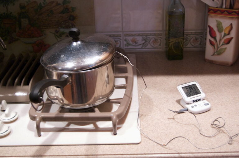 A stainless steel pot sits on a stovetop next to a digital cooking thermometer with a probe. The kitchen backsplash features decorative tiles with fruit and leaf motifs.