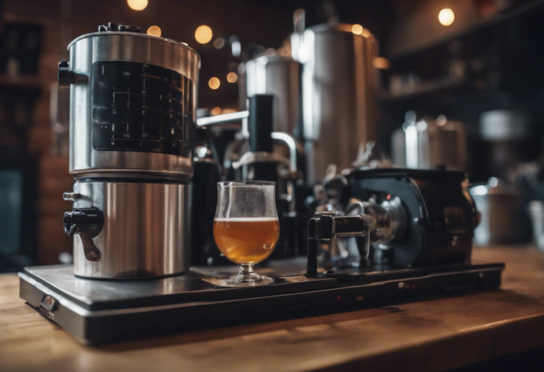 A glass of beer sits on a tray before stainless steel brewing equipment in a dimly lit bar.