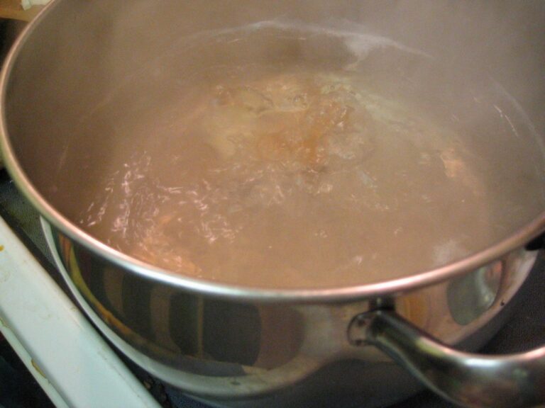 A stainless steel pot on a stove with water boiling inside.