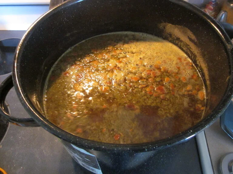 A pot of herbs simmering on a stove.