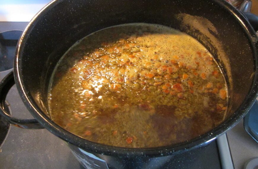 A pot of herbs simmering on a stove.
