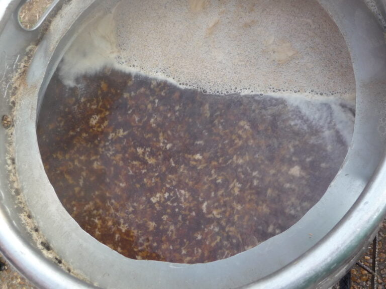 A large metal pot filled with liquid and floating particles with a layer of foam on one side.