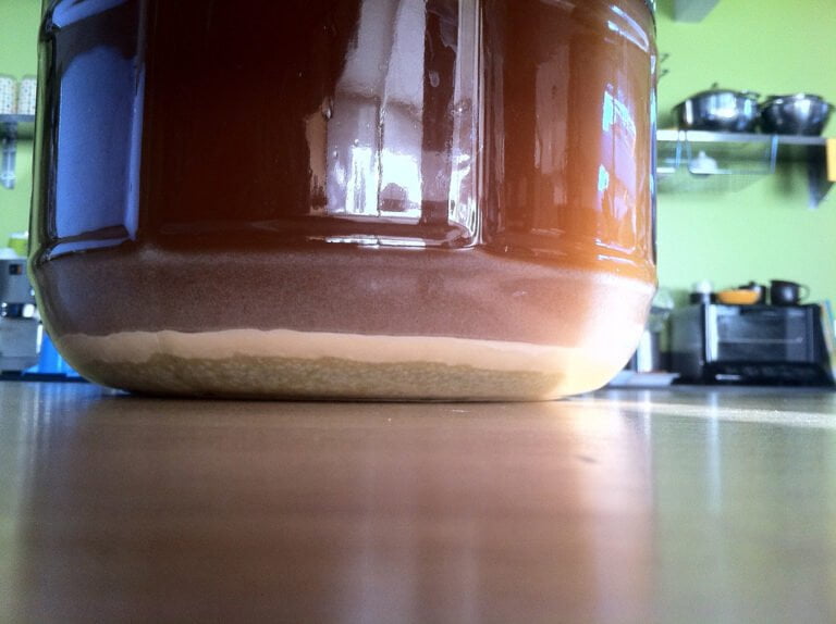 Close-up view of a jar of kombucha with a visible SCOBY layer at the bottom, placed on a wooden surface with kitchen appliances in the soft-focused background.