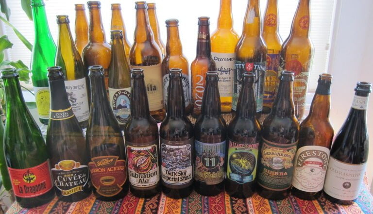 A collection of various beer bottles on a patterned textile surface in bright daylight, with labels facing forward displaying different brands, colors, and designs.