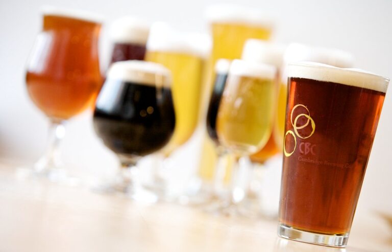 A lineup of seven beer glasses with various types of beer, displayed on a bar with the focus on a pint glass in the foreground bearing the logo "CBC Cambridge Brewing Co." with blurred other glasses in the background.