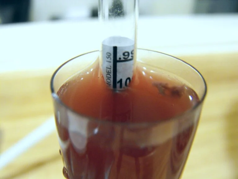 A hydrometer floating in a glass of amber liquid, measuring the specific gravity, with the scale focused around 1.010.
