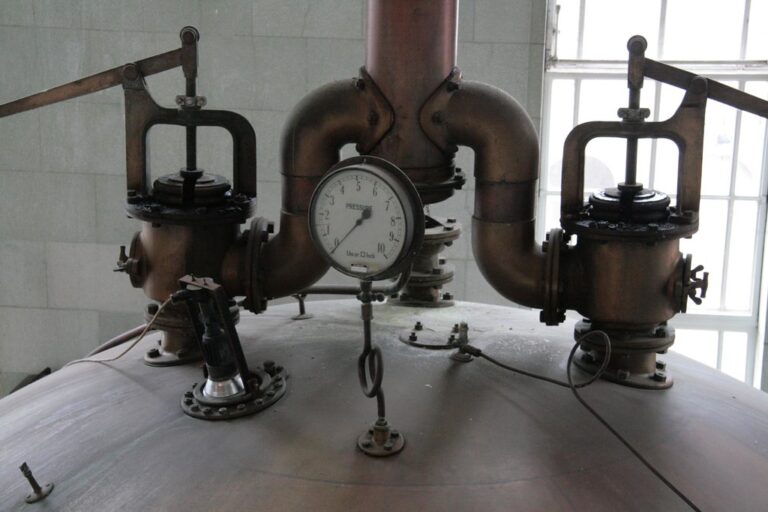 A large stainless steel brewing vat with a central pressure gauge and several valves and pipes attached to it, set against a windowed industrial backdrop.
