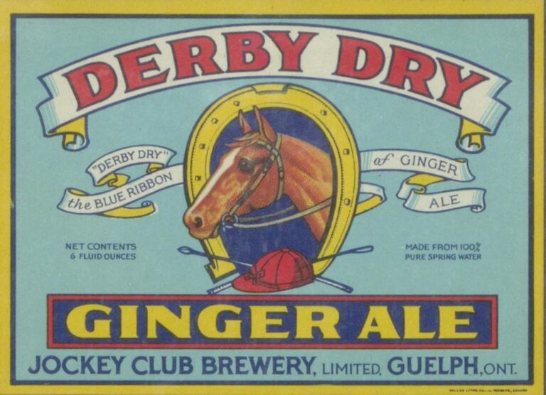 Vintage "Derby Dry Ginger Ale" label featuring a horse's head within a horseshoe, banner text, and product information against a yellow and blue background.