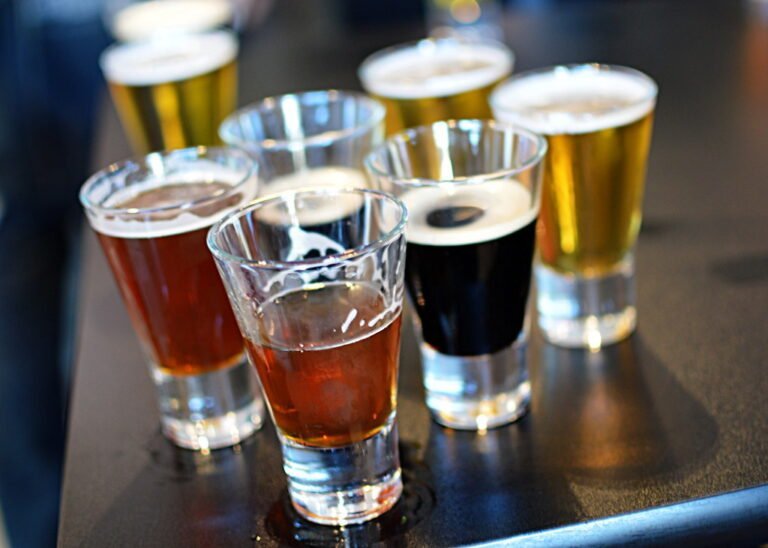 A selection of different beers in varying colors from light golden to dark brown, served in small glasses arranged on a bar counter.