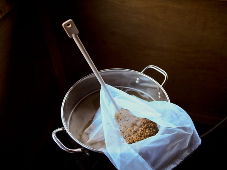 A stainless steel pot with a long-handled brewing paddle, containing a grain-filled brewing bag, likely for homebrewing beer.