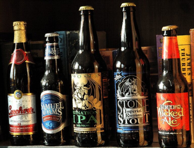 A collection of various beer bottles with different labels, including brands like Samuel Adams and Stone Imperial Stout, displayed in a row.