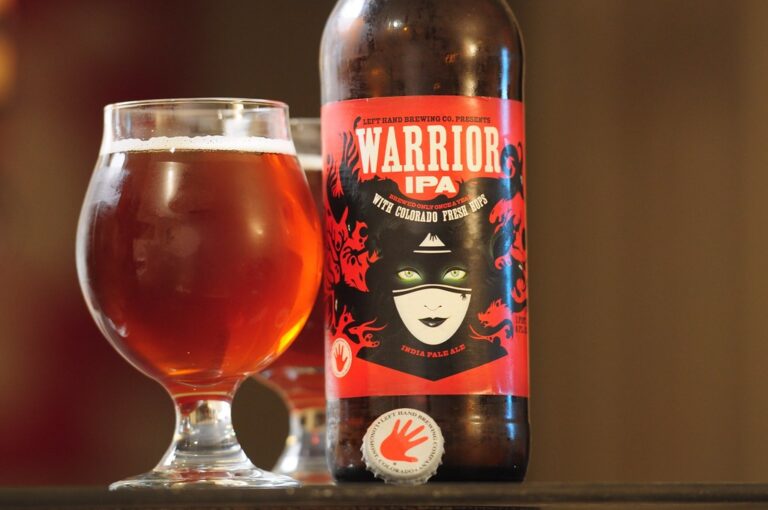 A glass of amber-colored beer with a light foam head stands next to a bottle labeled "WARRIOR IPA" with a graphic design featuring a mask-like face surrounded by red and black motifs.