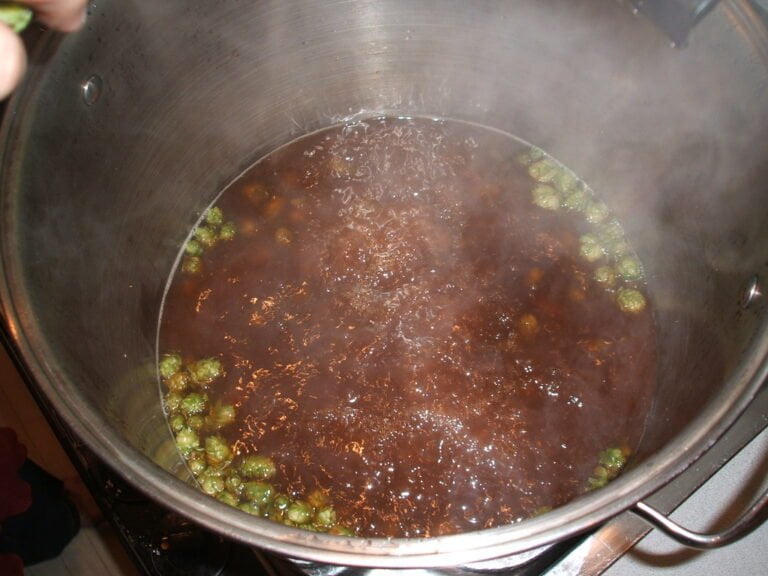 A large metal pot with boiling liquid and hops, likely brewing beer.