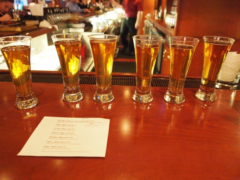 Five glasses of beer lined up on a bar counter with a beer menu lying in front of them.