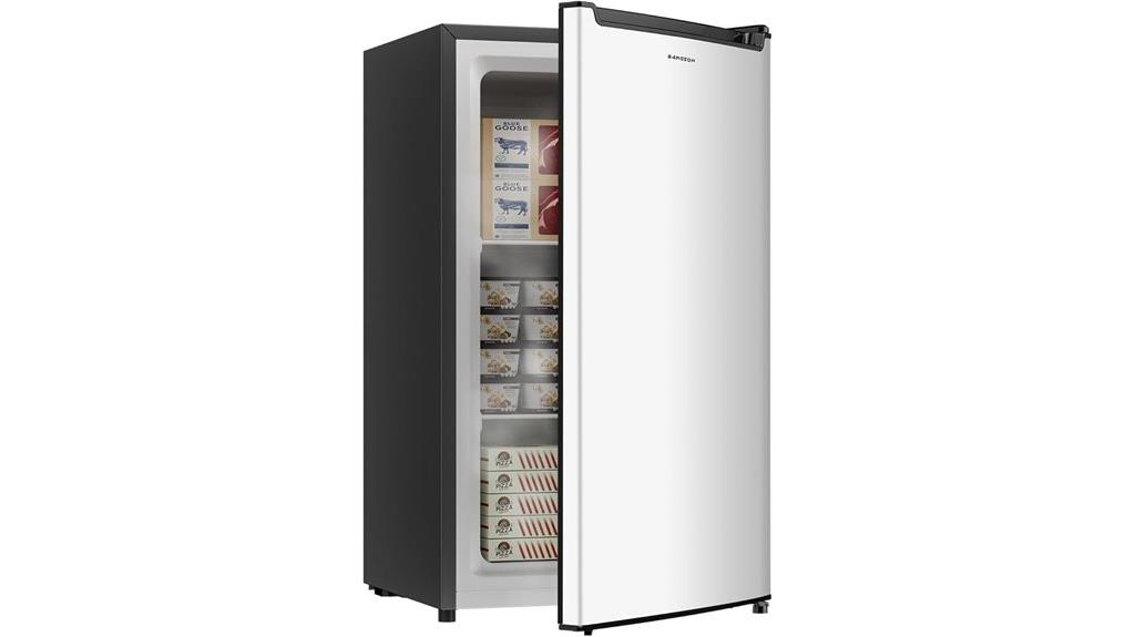 compact silver upright freezer