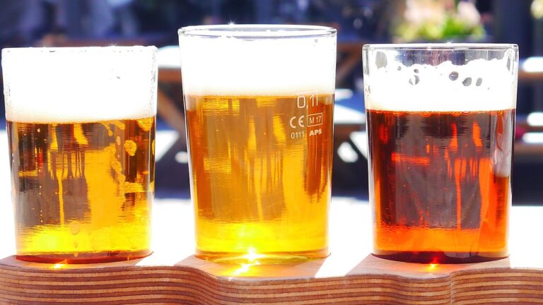 Three different glasses of beer with varying colors and foam levels, standing on a wooden surface with sunlight reflecting through them.