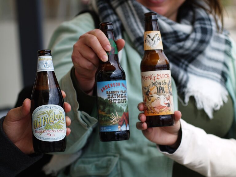 Three hands holding up different bottles of craft beer with partially visible labels and designs, with a person in the background.