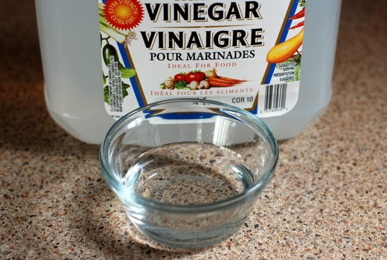 A large plastic jug labeled "VINEGAR" placed behind a clear glass bowl half-filled with liquid on a granite countertop.