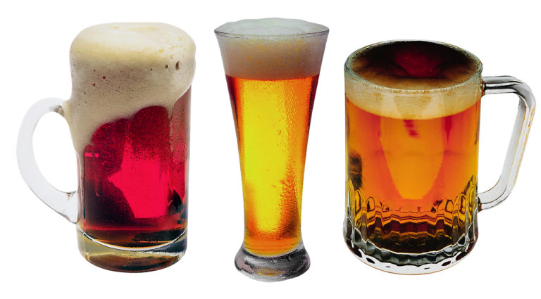 Three different styles of beer glasses, each containing beer with varying levels of foam, isolated on a transparent background.