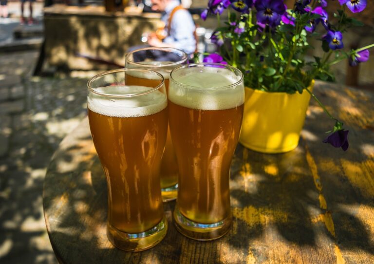 Three glasses of beer on a wooden table with a yellow pot of purple flowers to the side, in an outdoor setting with dappled sunlight.