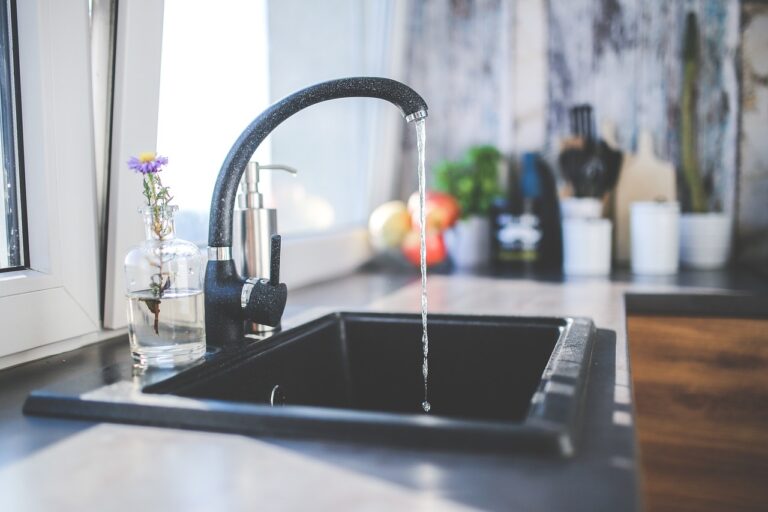 A modern kitchen with a black faucet running water into a black sink, next to a window with a clear vase holding a purple flower. The countertop is adorned with various kitchen items and potted plants.