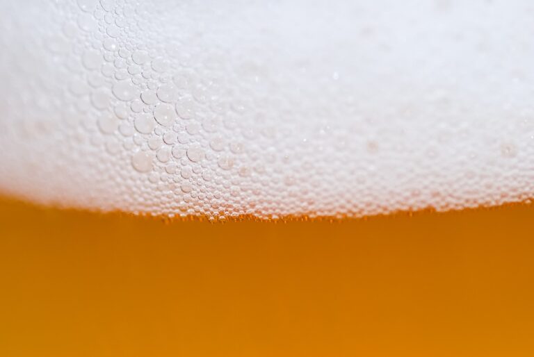 Close-up of beer foam bubbles with a blurred amber liquid below.