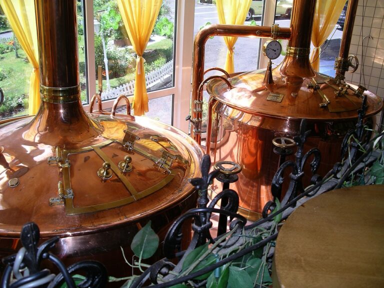 Two large copper brewing kettles with pressure gauges and pipes, situated indoors by windows with yellow curtains, surrounded by decorative metalwork and green foliage.