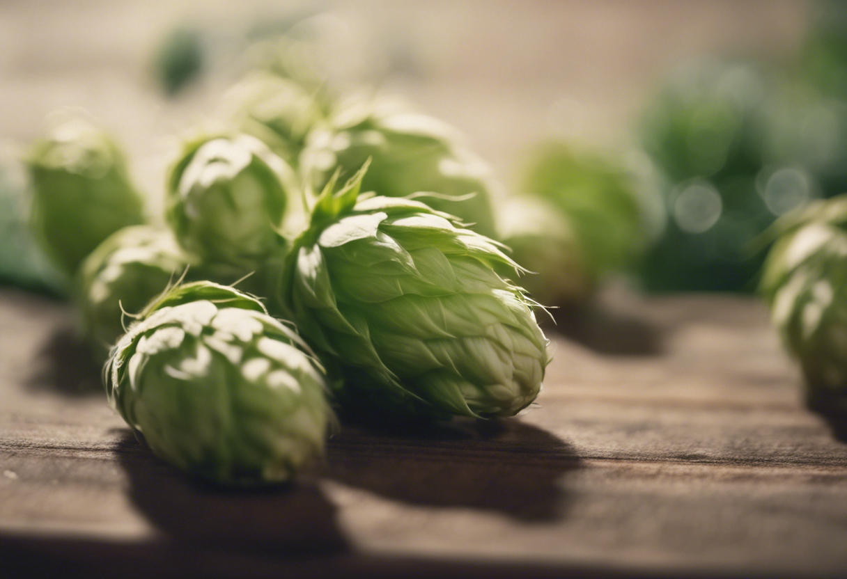 Fresh green hops scattered on a wooden surface with a soft-focus background.