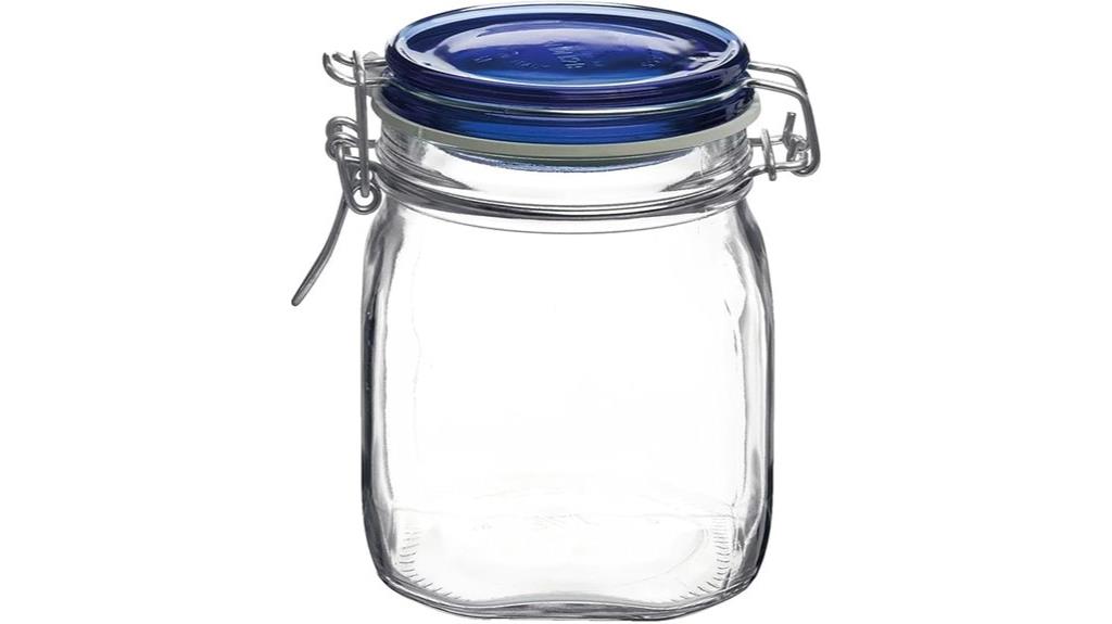 square jar with blue lid